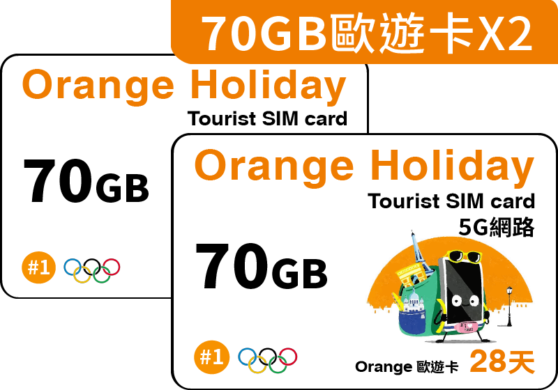 歐洲上網卡-Orange Holiday 歐遊28天預付卡-終極版70GB上網+120分鐘國際電話(2入組，2張合計共140GB)